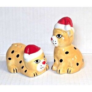 Leopard Cheetah Salt and Pepper Shakers Spotted Cats Cubs Santa Hat Ceramic